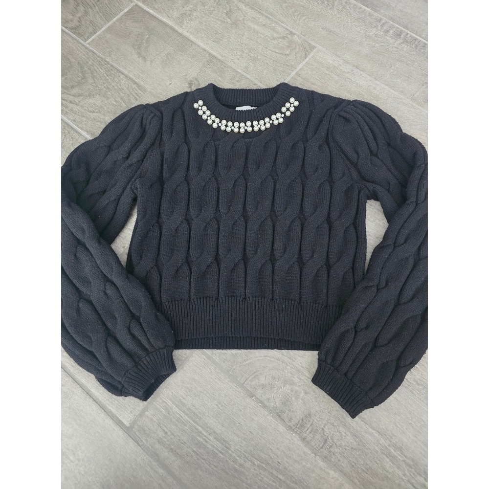 LOLA Black Cable Knit Pearl Embellished Puff Sleeve Sweater Women Medium Classic